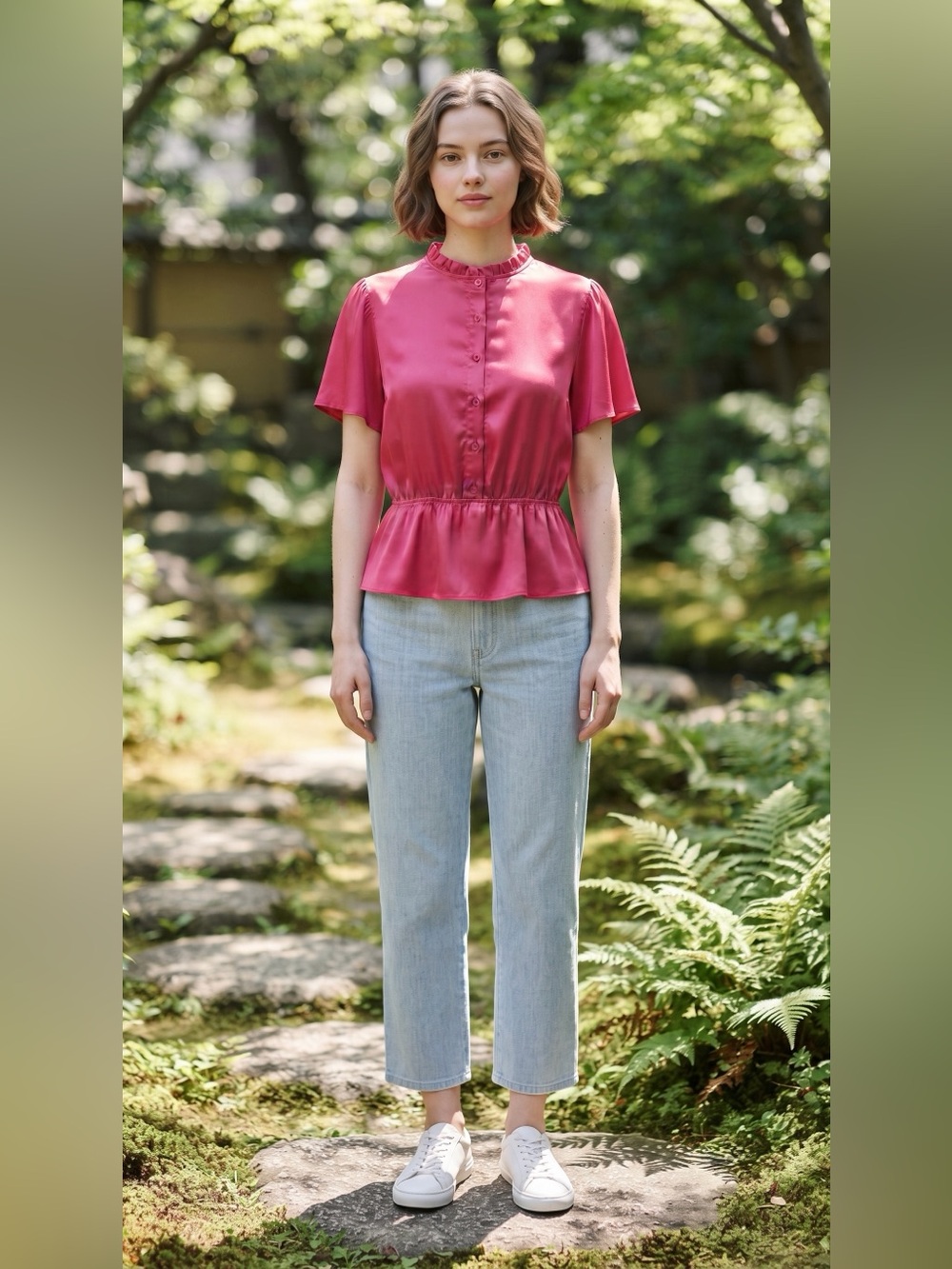 Pink Short-Sleeve Ruffled Blouse